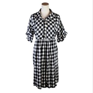 Downeast Gingham Midi Dress Black White Button Front Ruffle Sleeves M
